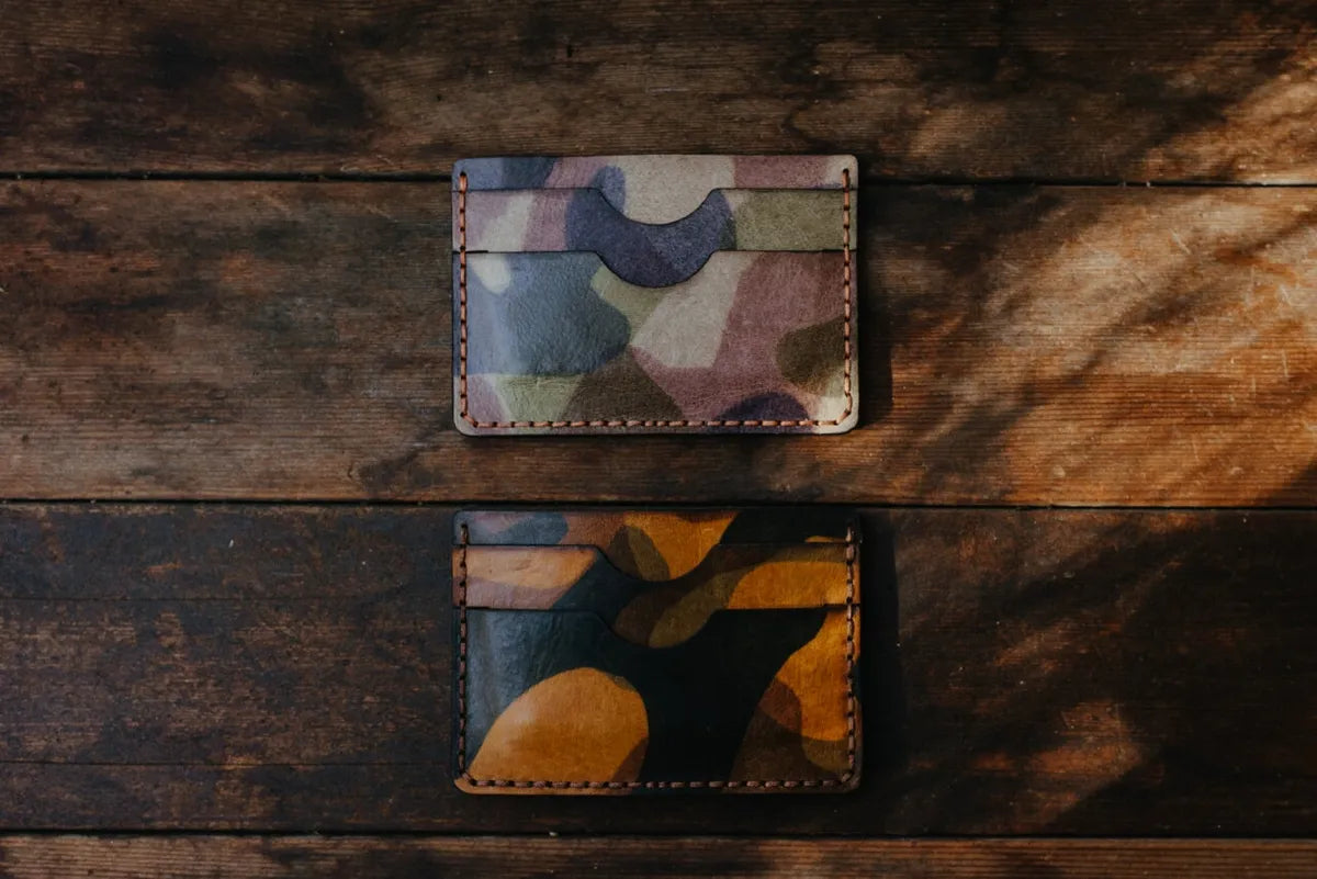 Camo Card Wallet - Five Pocket Important: Please allow 1-2 weeks to mail these made to order custom leather goods. We craft in the order received. If you have any questions at all, please email us. A shipping notification will go out to notify you it is o