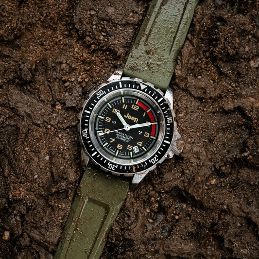 Marathon Jeep Watch, 41MM JEEP® RUBICON GSAR® The 41mm Jeep® Rubicon GSAR® is built to withstand extreme conditions featuring a SW200-1 movement with Incabloc® shock protection for enduring accuracy.