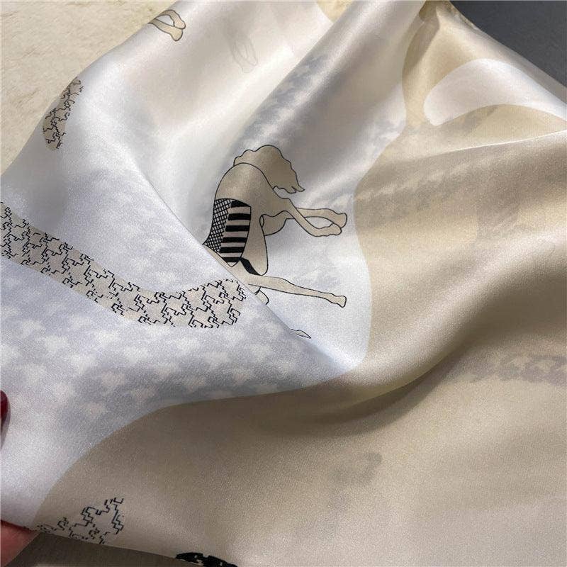 Blue Vintage Horse Pattern 70cm square scarf, Silk textured scarf, Sun protection satin scarf, Neck scarf, Satin Shawl, Gift